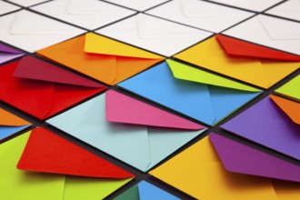 Composition with white and colored envelopes on the table. The photo suitable for various holidays