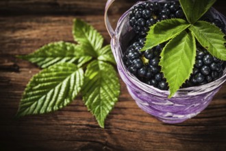 Sweet blackberries in basket leaf on vintage wooden board