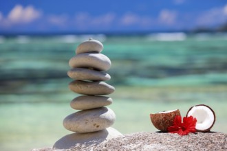 Pebble tower on the beach, Seychelles