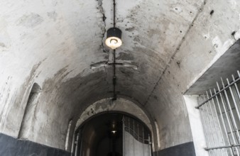 Breendonk, Belgium, 12 09 2017: old WWII Prison camp hallway interior