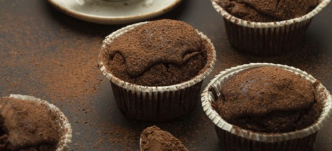 Chocolate and cocoa browny muffins with coffee cappuccino in cup angle view on brown rustic stone