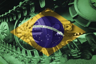 Military tank close-up Caterpillar Track with Brazil flag Background