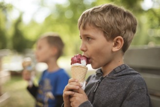 Two young boys eats ice cream in the park