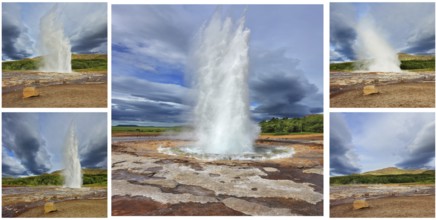 Card memory. Gushing geyser Strokkur. Collage showing different phases of the action of the geyser