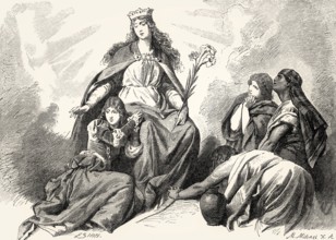 The virgin Mary, Gretchen and three biblical holy women plead for Faust's soul, act V, Faust II,