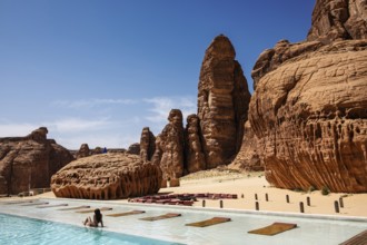 Pool and restaurant, Eco Luxury Hotel Our Habitas, Al Ula, Saudi Arabia