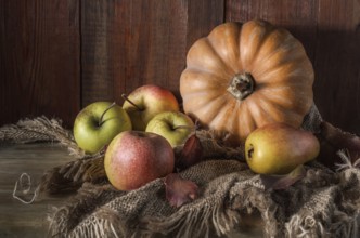 Pumpkin and fruits with nuts on a dark wooden background in a rustic style