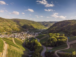 Aerial view of the Ahr valley on a sunny summer day on the red wine hiking trail