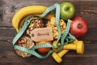 Fruits, cereals and sport equiment. Success comes to persevering