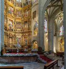 Astorga, Spain, 12 April, 2024: view of the altar and gilded altar piece in the central nave of the