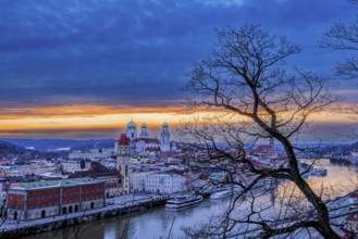 View of Passau in Bavaria at sunset on a winter evening