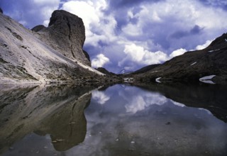 Lake Antermoia, South Tyrol, Italy In the rose garden mountains the Antermoia Lake, South Tyrol,