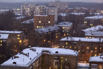 Winter evening cityscape high angle. Moscow, winter