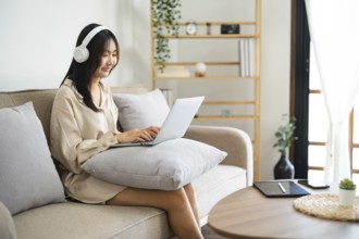 Start up Confident young asian business woman working in webcam group video call conference