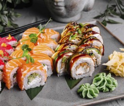 Food, Variety of sushi rolls are presented on a plate, showcasing the colorful and fresh