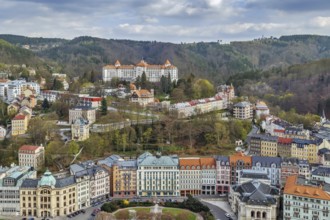 View of Karlovy Vary city center from hill, Czech republic
