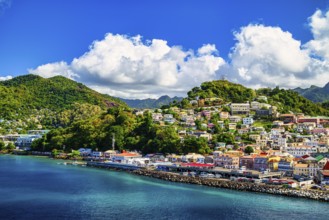 St. George's capital of the Caribbean island of Grenada seen from the sea