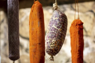 Dried green, brown and orange beef and pork jerky is shown at a food and drink exhibition