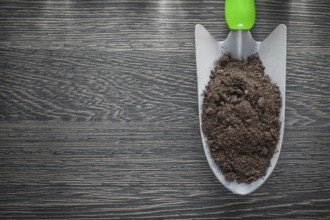 Stainless hand spade soil on wooden board