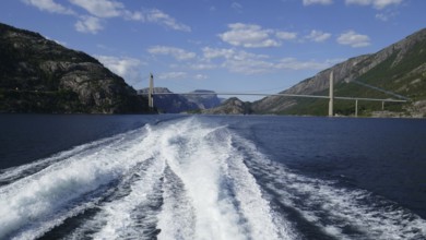 Wake in a fjord landscape. Lysefjord, Norway