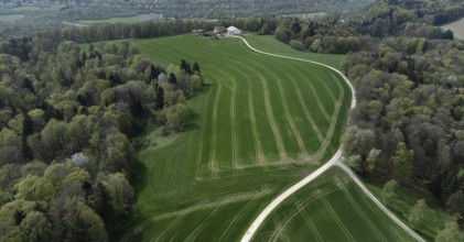 Idyllic, agricultural landscape in Upper Bavaria, farm in a secluded location, drone shot, Upper