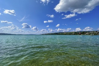 A calm lake with clear water under a sunny, blue sky with white clouds and a green landscape on the
