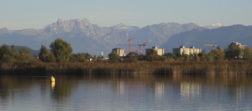 Wetzikon, town in Zurich Canton, shore of Lake Pfaeffikersee and mountain ranges