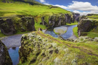 Magic canyon Fyadrarglyufur in Iceland. Green Tundra in July. Bizarre shape of cliffs and stream
