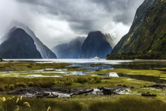 Sunlight breaks through storm clouds. Marshy, shallow, overgrown with marsh grass coast of the