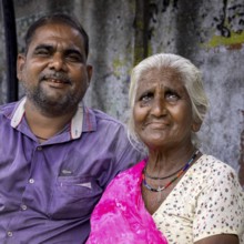 Portrait of an elderly woman with his son, Ahmedabad, Gujarat, India