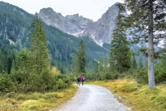 Hiking trip, Dolomites landscape. Pair of tourists is walking along a wide trail in the Dolomites.