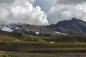 Beautiful volcanic landscape of Kamchatka Peninsula: picturesque view of active Mutnovsky Volcano,