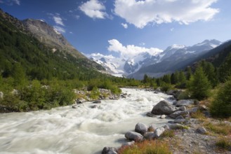 Swiss mountain landscape of the Morteratsch Glacier Valley hiking trail in the Bernina Mountain