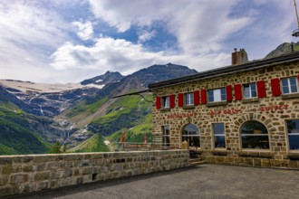 Terrace and Restaurant View over Beautiful Mountain Alp Grüm with Glacier and Alpine Lake Palü in a