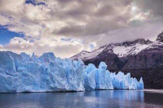 Giant icebergs and ice floes broken away from the shore of the glacier. Grey Lake in the national