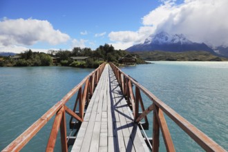 National Park Chile - Torres del Paine. Easy Bridge at Lake Pehoe connects the island and the shore
