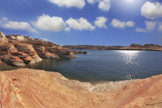 Photo taken fisheye lens. Midday heat. The artificial Lake Powell in the red desert of California