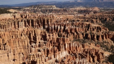 View in the semicircle of the amphitheatre in Bryce Canyon, a grandiose scenery of bizarre rock