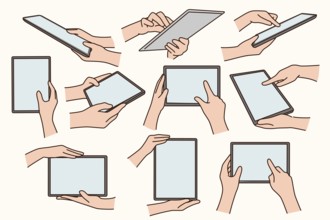 Collection of people hands hold modern tablet gadget browse internet. Set of person use pad device