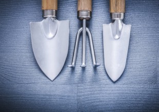 Two little garden spades and fork