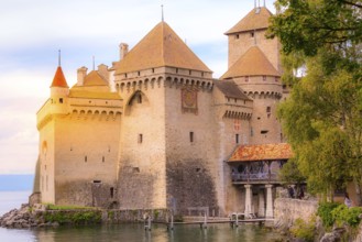 Montreux, Switzerland, October 12, 2019: People near Chillon castle on the Leman lake
