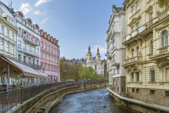 Embankment of Tepla river in the center of Karlovy Vary, Czech republic