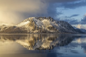Lofoten wall reflection at the E10 near Kleppstad, Lofoten, Nordland, Norway