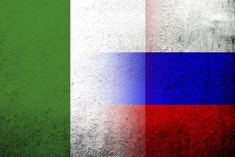 National flag of Russian Federation with National flag of Italy. Grunge background