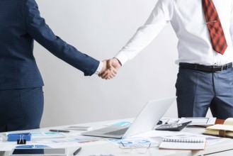 Businessman and businesswoman handshaking after good deal. Business consultation and cooperation in