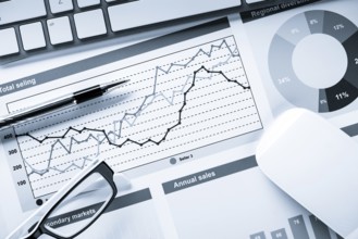 Business workplace with keyboard mouse and papers with graphs and diagrams