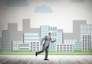 King businessman in elegant suit running and cityscape silhouette at background