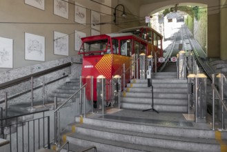 Upper city funicular line in Bergamo (Funicolare Citta Alta). Red funicular connects old Upper City