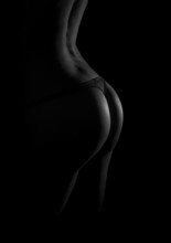Rear view of sexual female body in black lingerie. Black and white photo