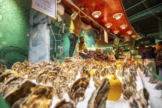 Sale of fresh oysters, La Boqueria Market, La Rambla, Barcelona, ??Catalonia, Spain